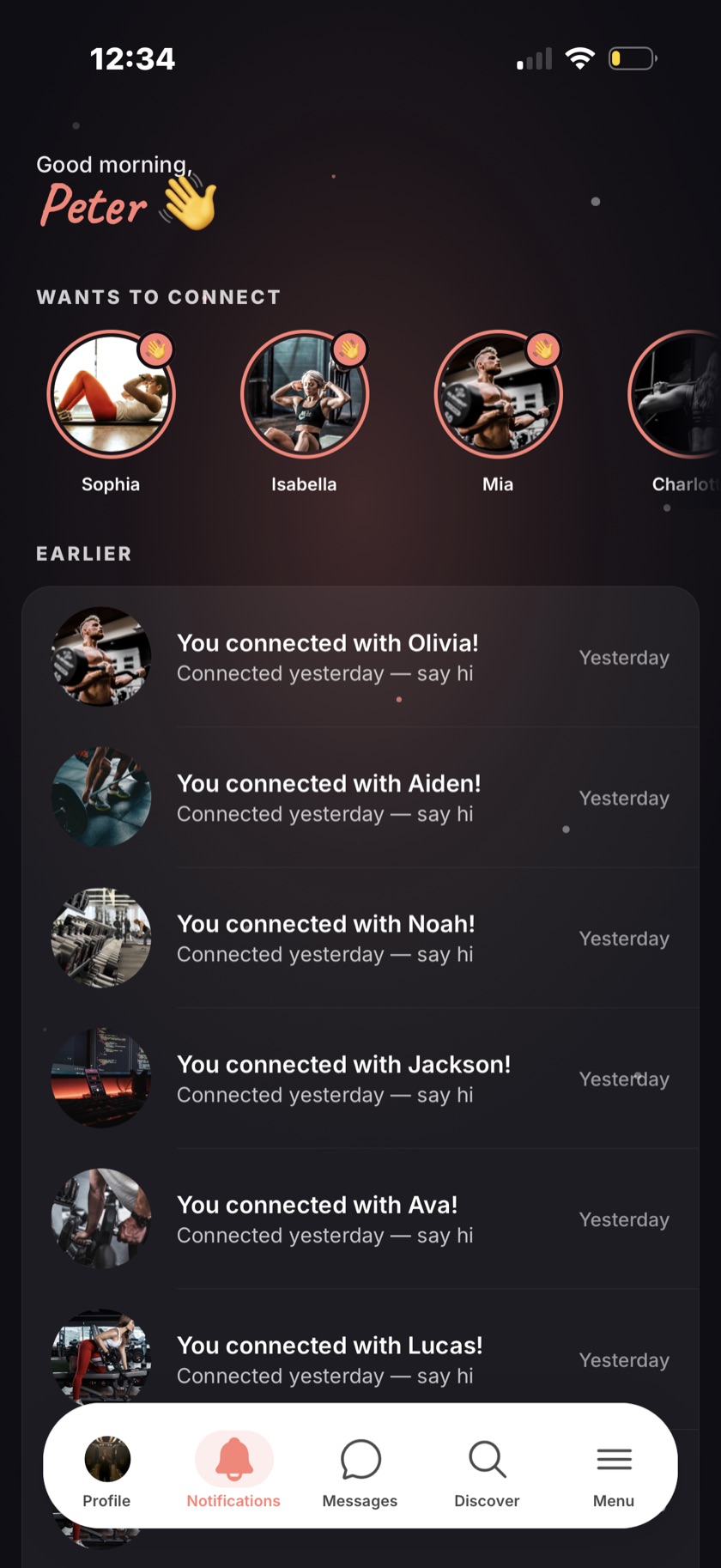 The Compa notifications feed — 'Good morning, Peter', a 'Wants to connect' avatar row, and an 'Earlier' list of new connections.