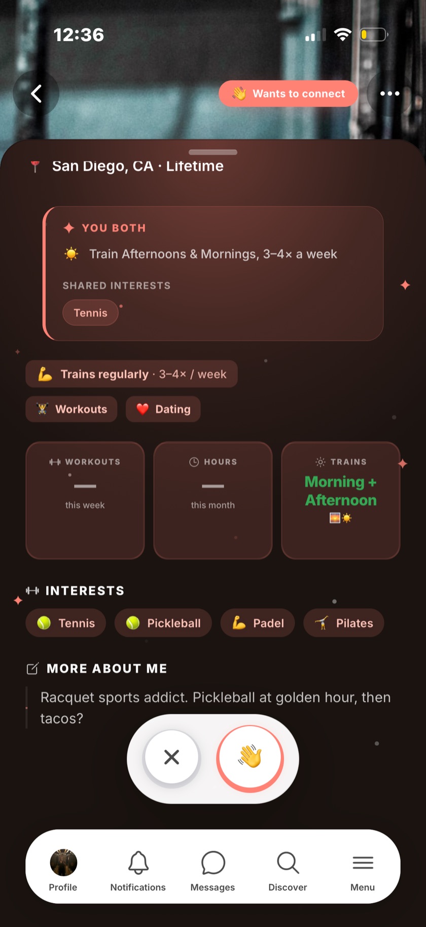 A Compa profile scrolled to its stats — a 'You both' common-ground card, a 'Trains regularly' chip, Workouts / Hours / Trains tiles, interest chips, and a bio.