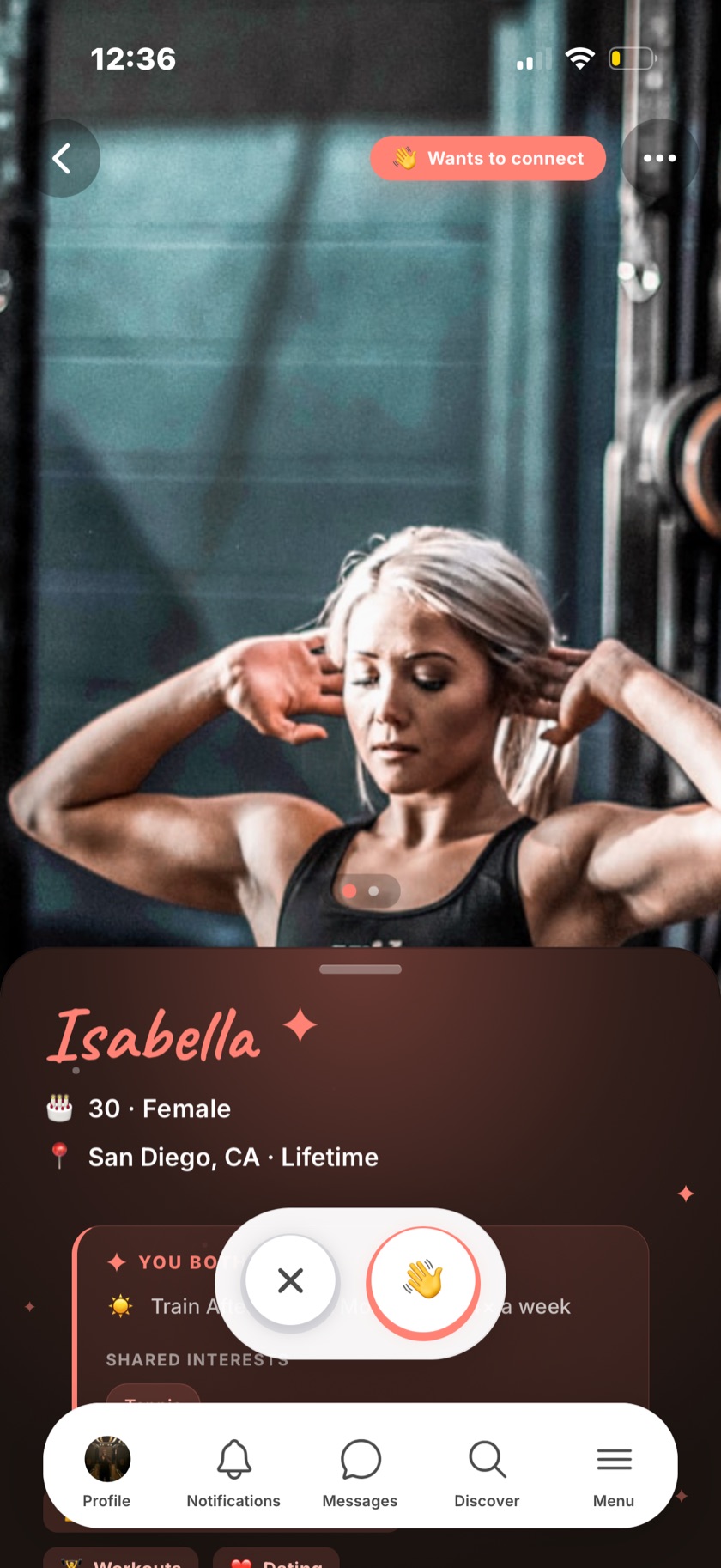 A Compa member profile — Isabella, 30, in San Diego, with a coral 'Wants to connect' pill.